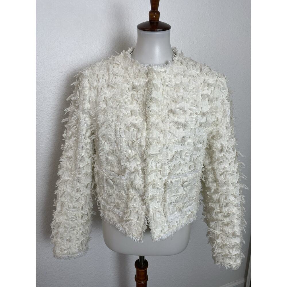 H&M Blazer Jacket Single Breast Textured Raw Frayed Trim Ivory NWOT
